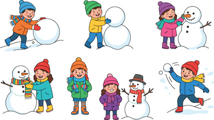 Kids building snowman set children making snowman throwing snowball winter outdoor play isolated vector graphic illustration collection