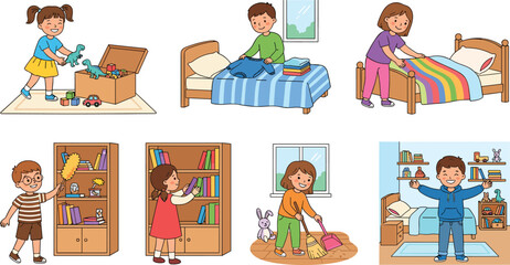 Kids doing housework set children cleaning bedroom tidy toys fold clothes sweeping floor vector graphic illustration collection