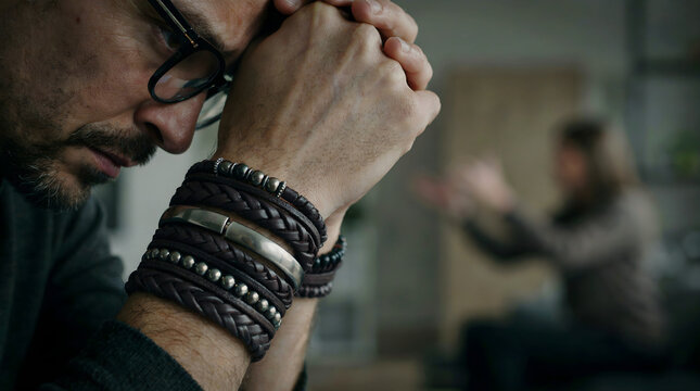 Close-up portrait of a man deep in thought, experiencing stress or anxiety while sitting indoors
