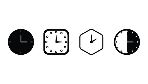 Simple line icon set representing diverse clock shapes including circular, square, hexagonal, and half-shaded analog watch faces.