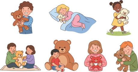 Kids playing with teddy bear set children holding hugging sleeping with plush toy isolated vector graphic illustration