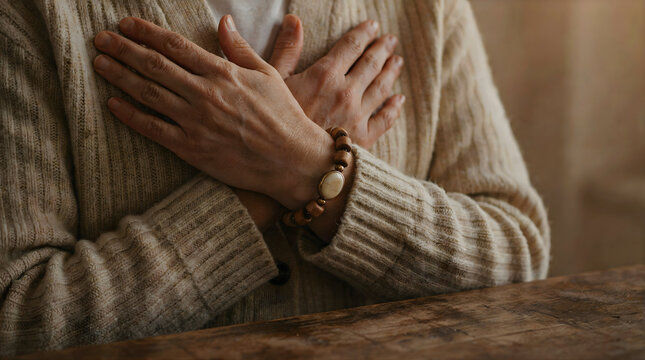 Close-up of hands crossed over the chest, symbolizing introspection, sadness, or deep thought