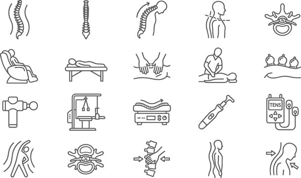 Chiropractic Care and Spine Health Icon Set with Physiotherapy Massage Therapy Posture Correction and Rehabilitation Equipment Symbols for Medical Wellness Center Vector Graphic Designs