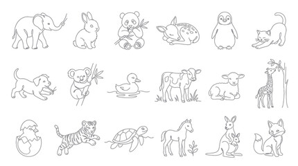 Obraz premium Adorable Black and White Line Art Baby Animal Collection for Children's Books and Nature Education