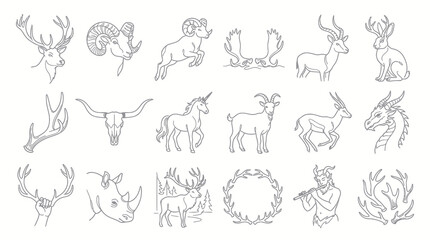 Fototapeta premium Black White Line Art Collection of Horned Animals, Mythical Creatures, and Antlers for Nature Fantasy Themes