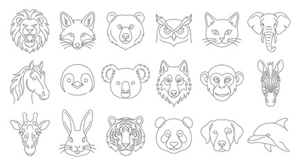 Naklejka premium Black and White Line Art Collection of Animal Faces for Children's Education