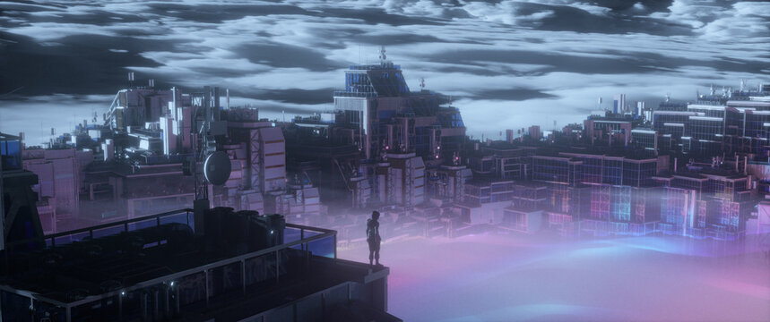 Lone Figure on Rooftop Over Futuristic Cyberpunk City in Fog
