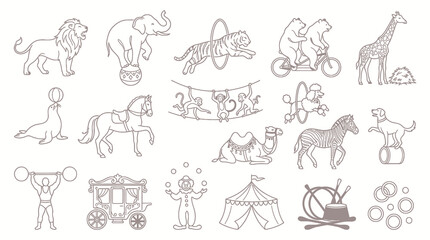 Naklejka premium Black and White Line Art Circus Animals and Performers Illustration