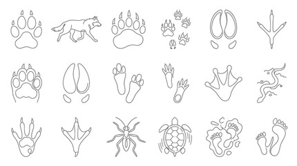 Obraz premium Nature Wildlife Animal Tracks and Footprints Outline Icons Set. Black and White Line Art Paw Prints Collection.