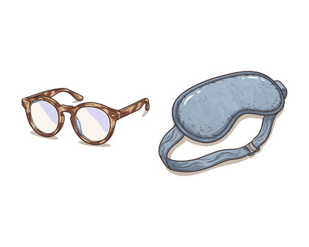 Illustration of stylish tortoise shell glasses and a soft blue sleep mask for rest.