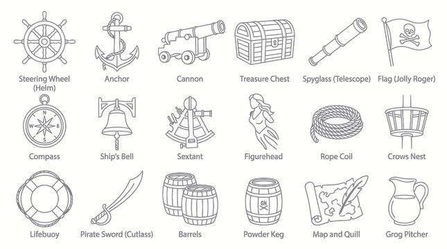 Pirate and Nautical Line Art Icons Set: Sea Adventure Objects in Black and White Outline Style