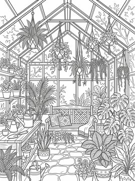 Coloring page of a cozy greenhouse sunroom filled with plants, black and white line art for adults