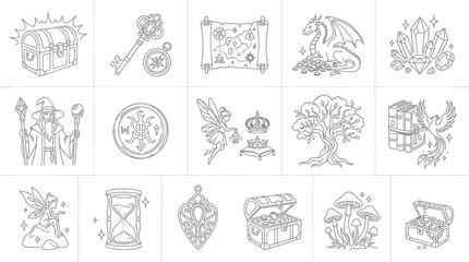 Naklejka premium Fantasy Adventure Outline Icons Set with Magic, Mythical Creatures and Treasure Elements in Black Line Art.