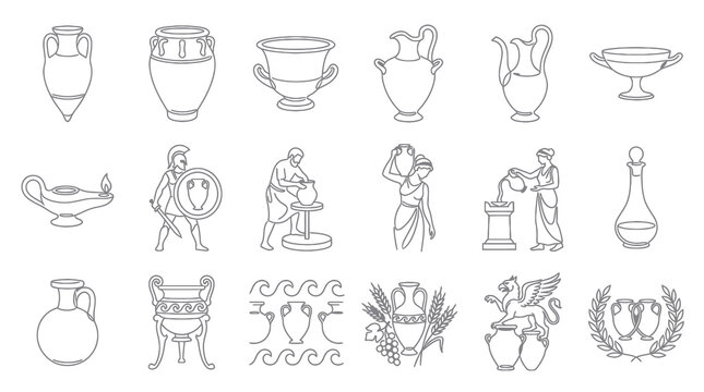 Ancient Greek Pottery  Mythology Line Art Icons - Vector Collection