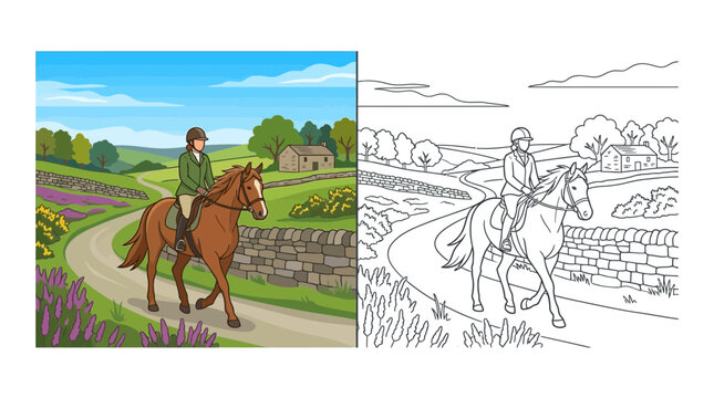 Equestrian Riding on Countryside Road, Horseback Riding in Rural Landscape, Coloring Page