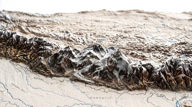 Detailed 3D Relief Map Showcasing the Majestic Himalayan Mountain Range and Topography of Nepal, India, and Surrounding Asian Regions