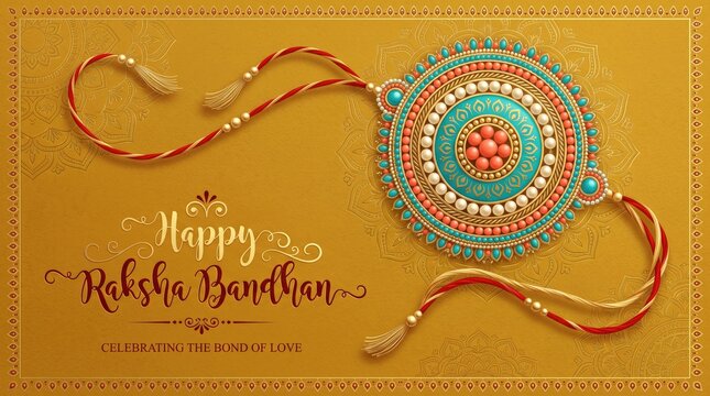 Happy raksha bandhan greeting card design with a traditional decorative rakhi thread, intricate mandala patterns, and elegant typography on a golden textured background