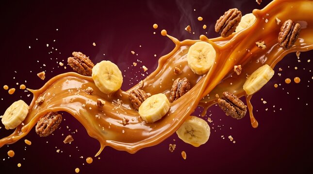 Dynamic Caramel Splash with Bananas and Pecans on Dark Background.