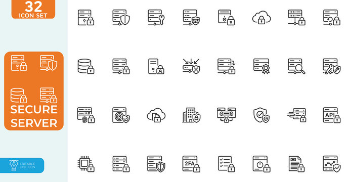 Secure Server Vector illustration line editable Icons set. for secure server,  data protection, network security, web security, and Data Safety, and more. on white background.