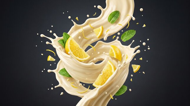 Dynamic Lemon Yogurt Splash with Mint Leaves on Dark Background.