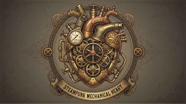 Intricate steampunk mechanical heart with gears, cogs, and vintage brass clockwork elements