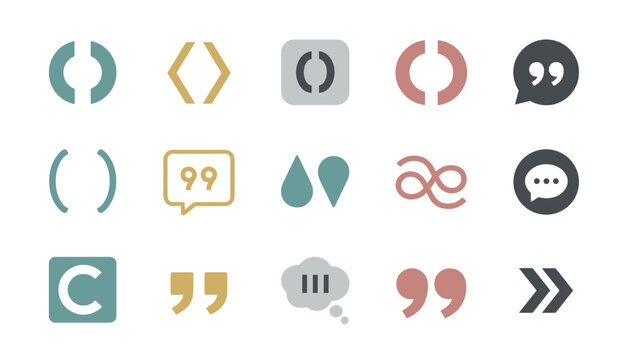 Grid of colorful punctuation and speech icons including brackets quotes and conversation bubbles on white background.