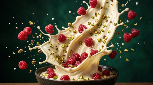 Dynamic Splash of Creamy Yogurt with Fresh Raspberries and Pistachios.