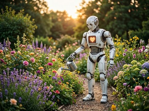 Gentle robot waters colourful garden flowers at sunset