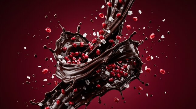 Dynamic Splash of Dark Liquid with Red and White Petals on a Vibrant Crimson Background.