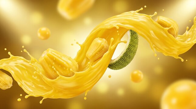 Dynamic Splash of Fresh Mango Juice with Fruit Pieces and a Green Leaf.