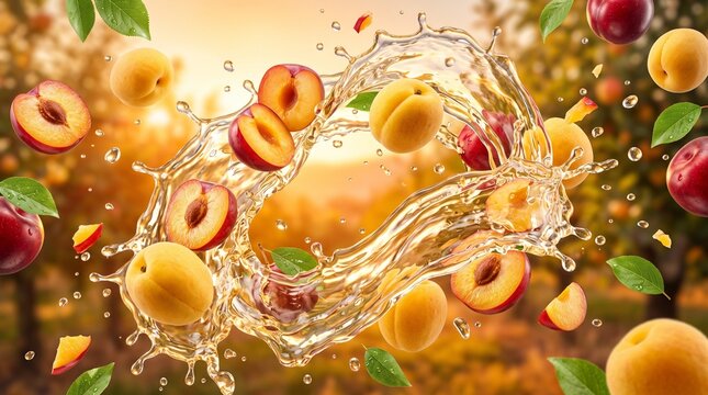 Dynamic Splash of Fresh Apricots and Plums in a Vibrant Orchard Setting.
