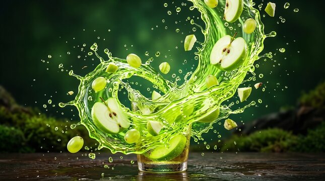 Dynamic Splash of Green Apple Juice with Slices and Grapes in Nature.