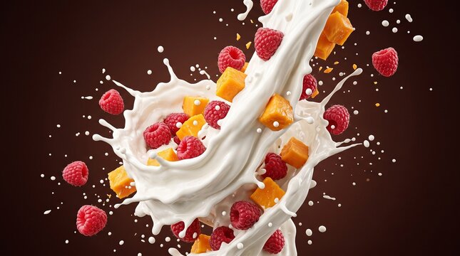 Dynamic Splash of Milk with Fresh Raspberries and Mango Cubes.