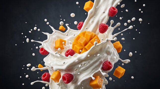 Dynamic Splash of Milk with Mango and Raspberries on Dark Background.
