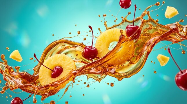 Dynamic Splash of Pineapple and Cherries in Refreshing Juice.