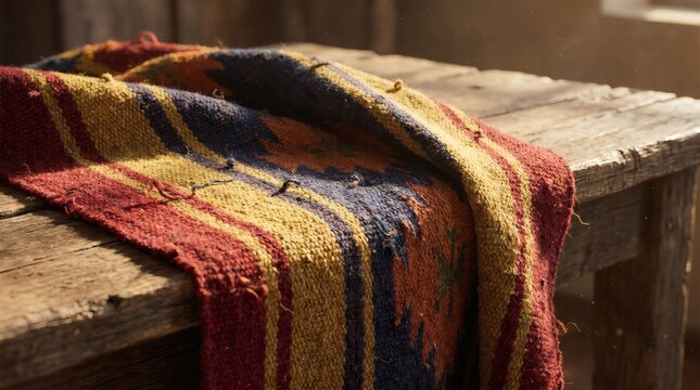 Vibrant hand-woven striped blanket on rustic wooden table, illuminated by warm sunlight with dust motes