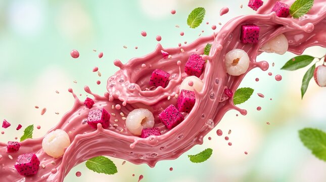 Dynamic Splash of Pink Dragon Fruit and Lychee Smoothie with Mint Leaves.