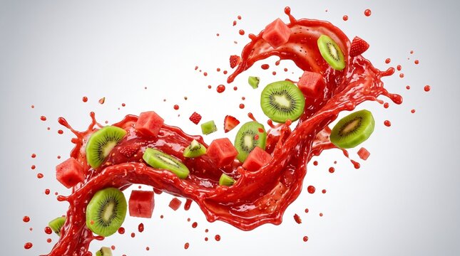 Dynamic splash of red fruit juice with kiwi slices and watermelon cubes on white background.