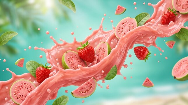 Dynamic Splash of Pink Guava and Strawberry Juice with Fresh Fruits and Green Leaves.