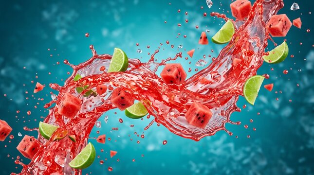 Dynamic Splash of Refreshing Watermelon and Lime Drink.