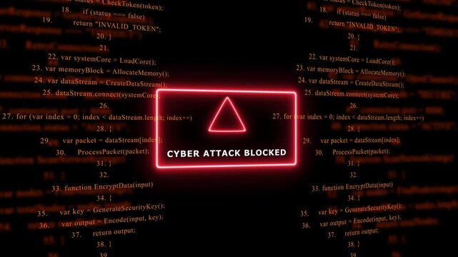 Red Exclamation Mark Warning Symbol CYBER ATTACK BLOCKED. warning sign over abstract software programming code background, for cyber security and, tech concepts, 4k animation video