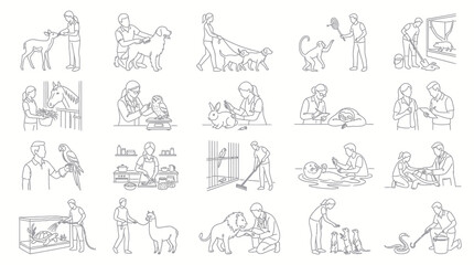 Naklejka premium Black and White Line Art Collection of Animal Care and Veterinary Scenes