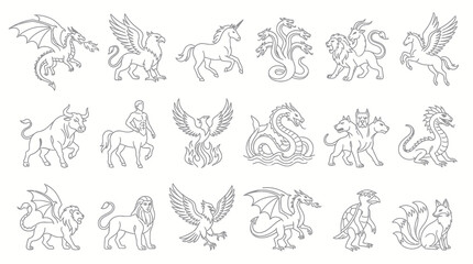 Obraz premium Mythical Creatures Line Art Icons Set. Legendary Animals and Fantasy Beasts Outline Collection.