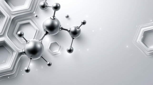 Refined futuristic biotech composition, molecular model floating above silver hexagonal pattern with metallic spheres and bonds, clean scientific background suggesting innovation and research