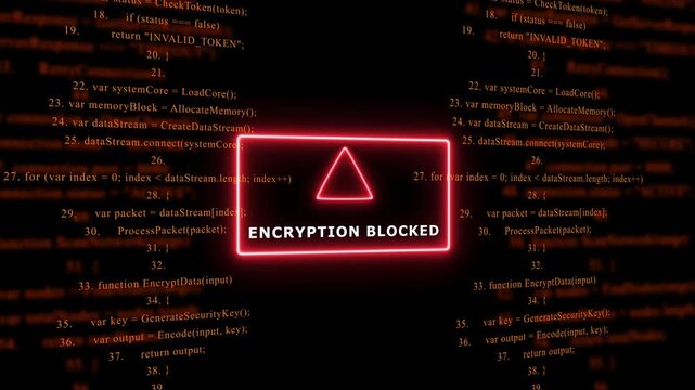 Red Exclamation Mark Warning Symbol ENCRYPTION BLOCKED. warning sign over abstract software programming code background, for cyber security and, tech concepts, 4k animation video
