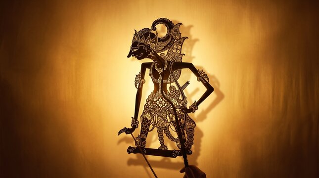 Elegant traditional Indonesian wayang kulit shadow puppet silhouette on golden glowing background