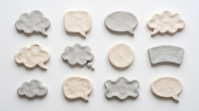 Handmade clay speech bubbles set, 12 ceramic talk clouds in neutral grey and beige, creative communication icons for social media