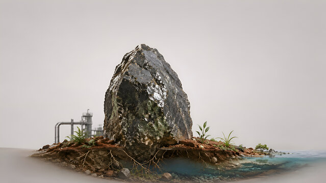 Raw mineral ore rock on soil terrain cross section with plants and industrial factory background representing sustainable mining concept