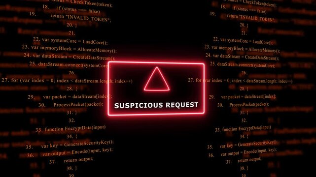 Red Exclamation Mark Warning Symbol SUSPICIOUS REQUEST. warning sign over abstract software programming code background, for cyber security and, tech concepts, 4k animation video