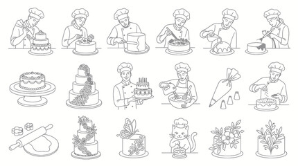 Obraz premium Baking and Cake Decorating Line Art: Chefs, Pastry and Dessert Preparation Outline Vector Collection